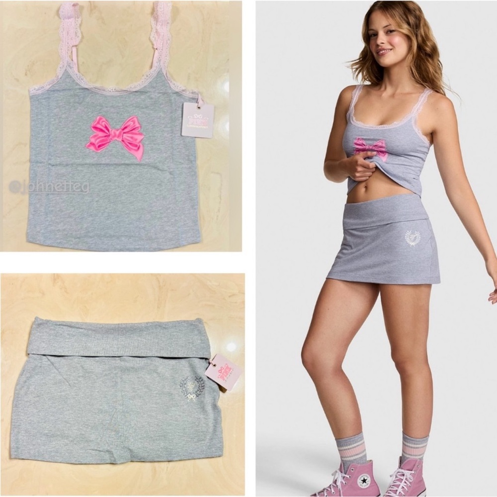 PINK x LoveShackFancy Cotton Grey Cami Pink Bow & Bling Foldover Skirt/Skort L